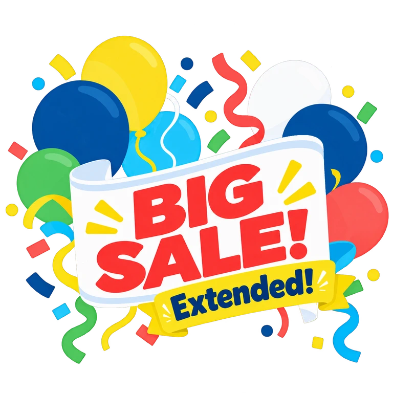 Celebratory banner announcing "Sale Extended" - surrounded by an illustration of colorful balloons and confetti