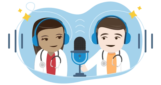 A male and female doctor hosting a medical podcast - blue background.