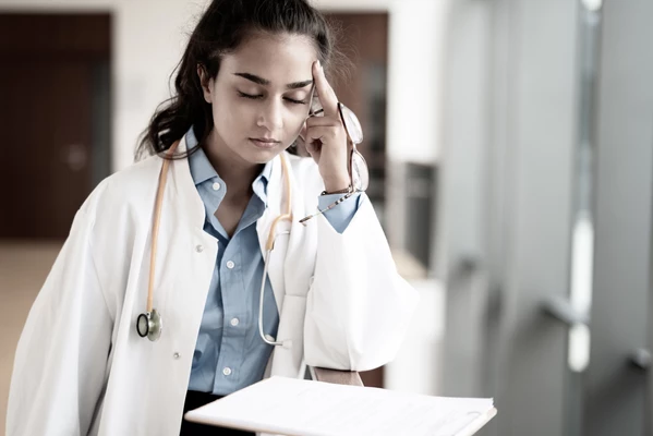 A clinician showing signs of exhaustion, a marker of burnout in healthcare